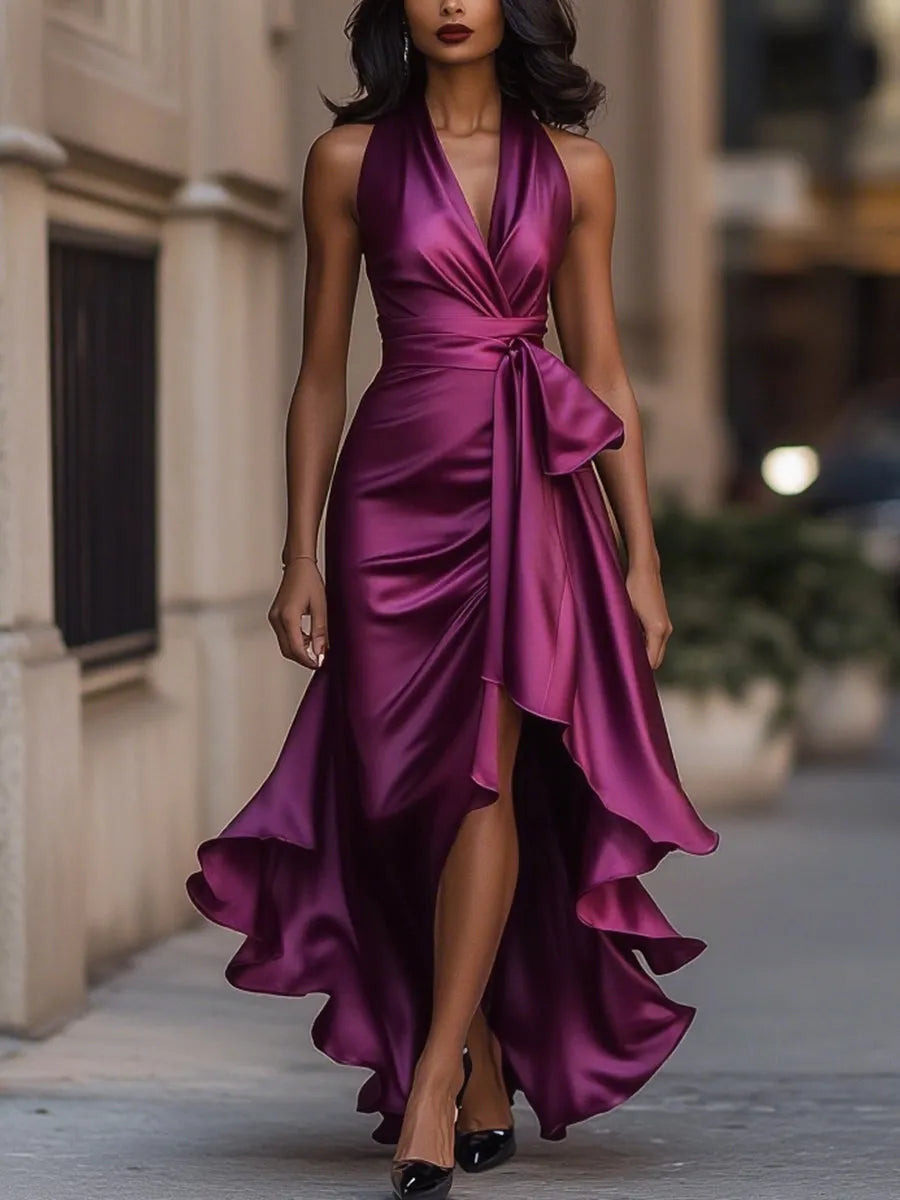 Chic Elegance Satin Sleeveless  Halter Ruffle Gown