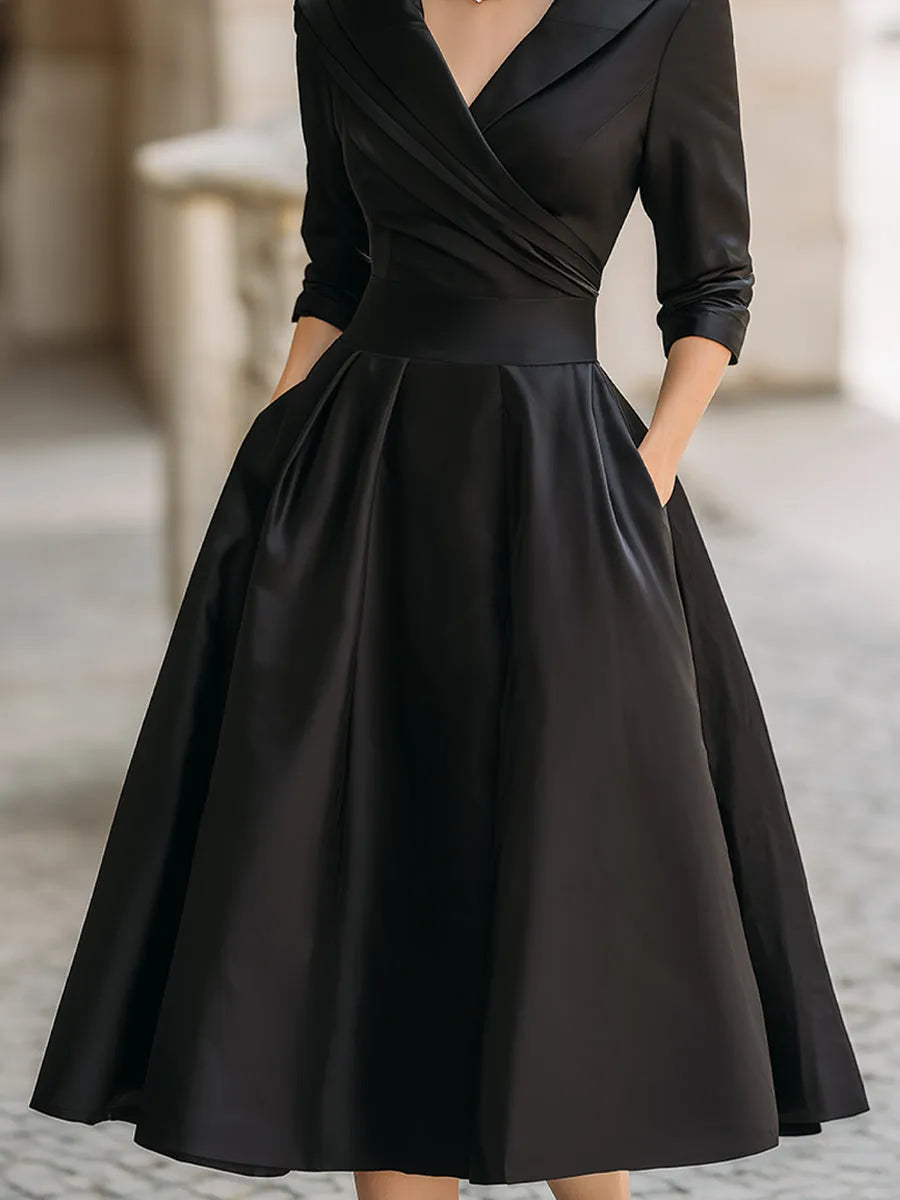 Vintage-Inspired Black Satin Midi Dress With Draped Collar