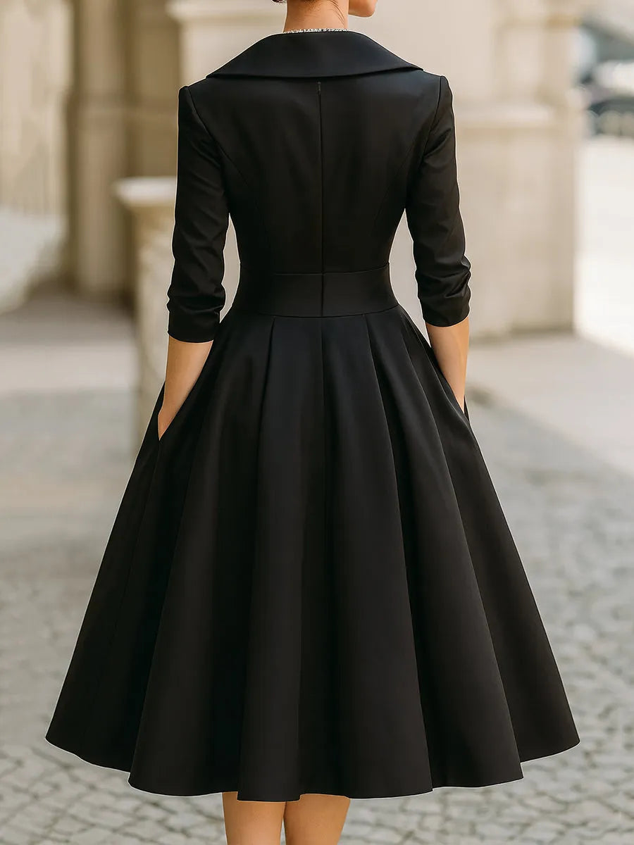 Vintage-Inspired Black Satin Midi Dress With Draped Collar