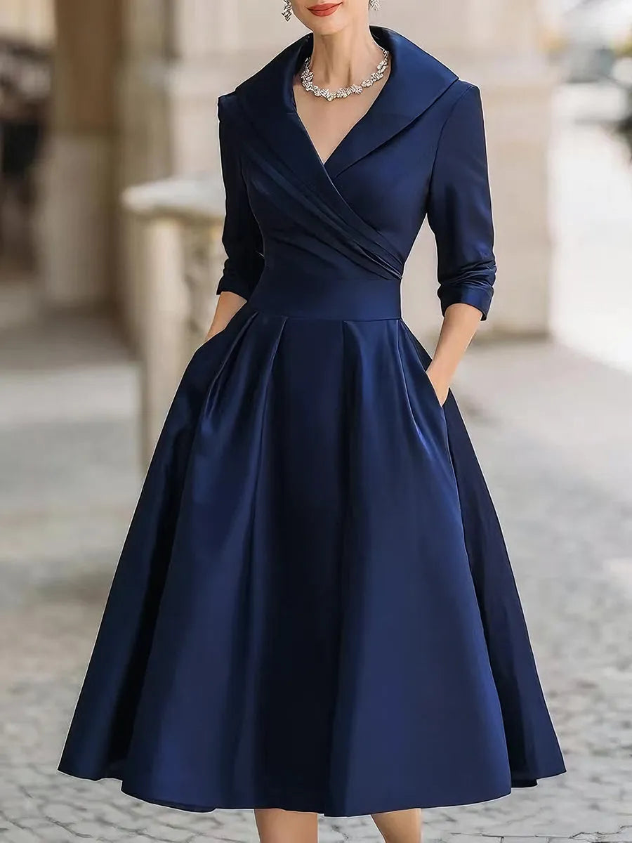 Vintage-Inspired Black Satin Midi Dress With Draped Collar
