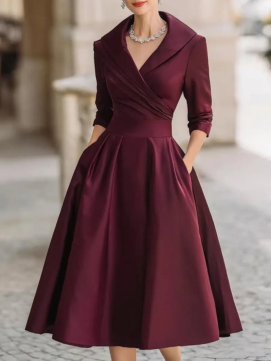 Vintage-Inspired Black Satin Midi Dress With Draped Collar