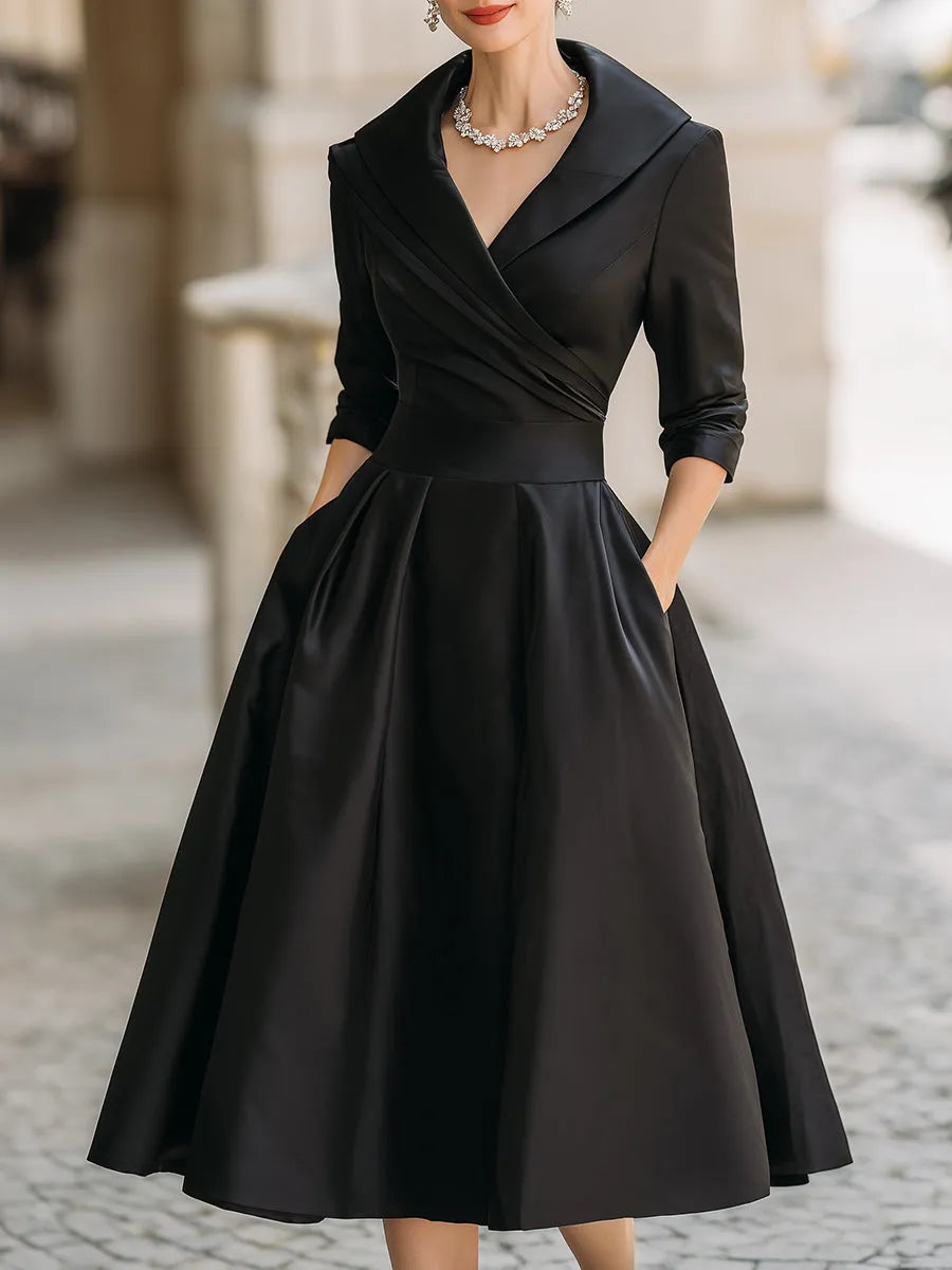 Vintage-Inspired Black Satin Midi Dress With Draped Collar