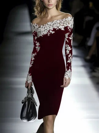 Sexy Off Shoulder Lace Patchwork Knee-Length Bodycon Dress