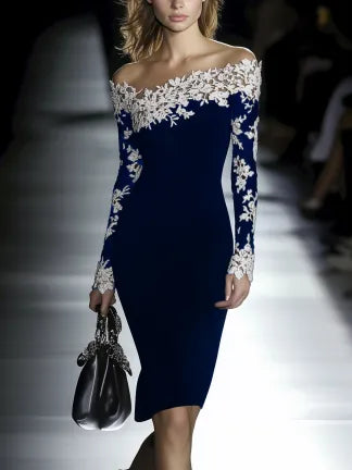 Sexy Off Shoulder Lace Patchwork Knee-Length Bodycon Dress