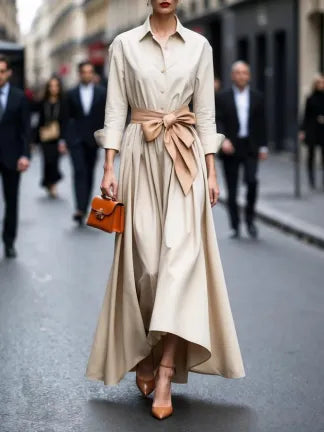 Elegant Long-sleeved Shirt-style Tie Maxi Dress Prom Dresses