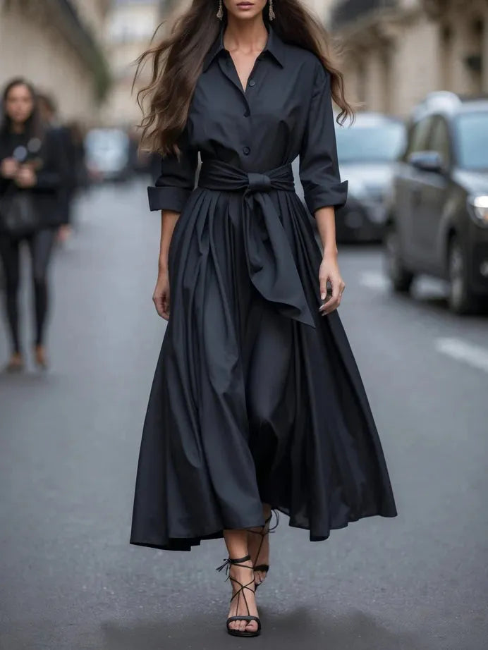Elegant Long-sleeved Shirt-style Tie Maxi Dress Prom Dresses