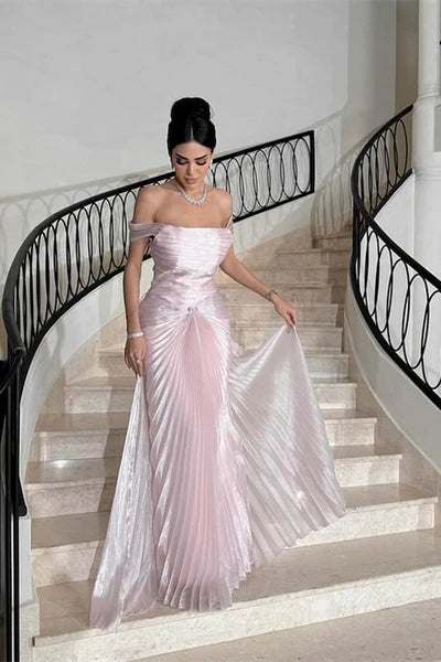 Glamorous Pink Off-The-Shoulder Prom Dress Sleeveless Sheath With Overskirt Pleats