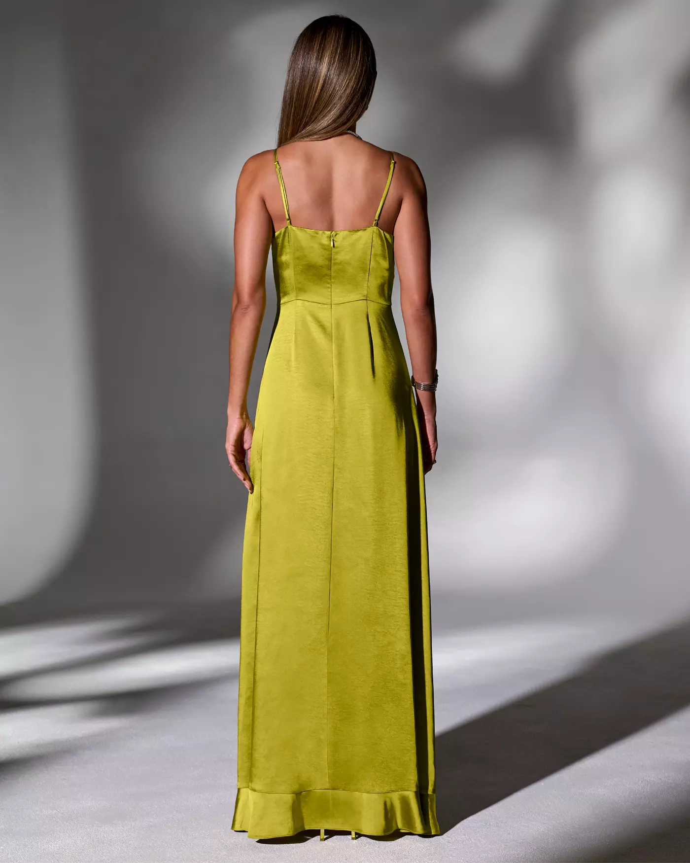 Luxe Spaghetti Straps Split Satin Ruffle Gown Prom Dresses