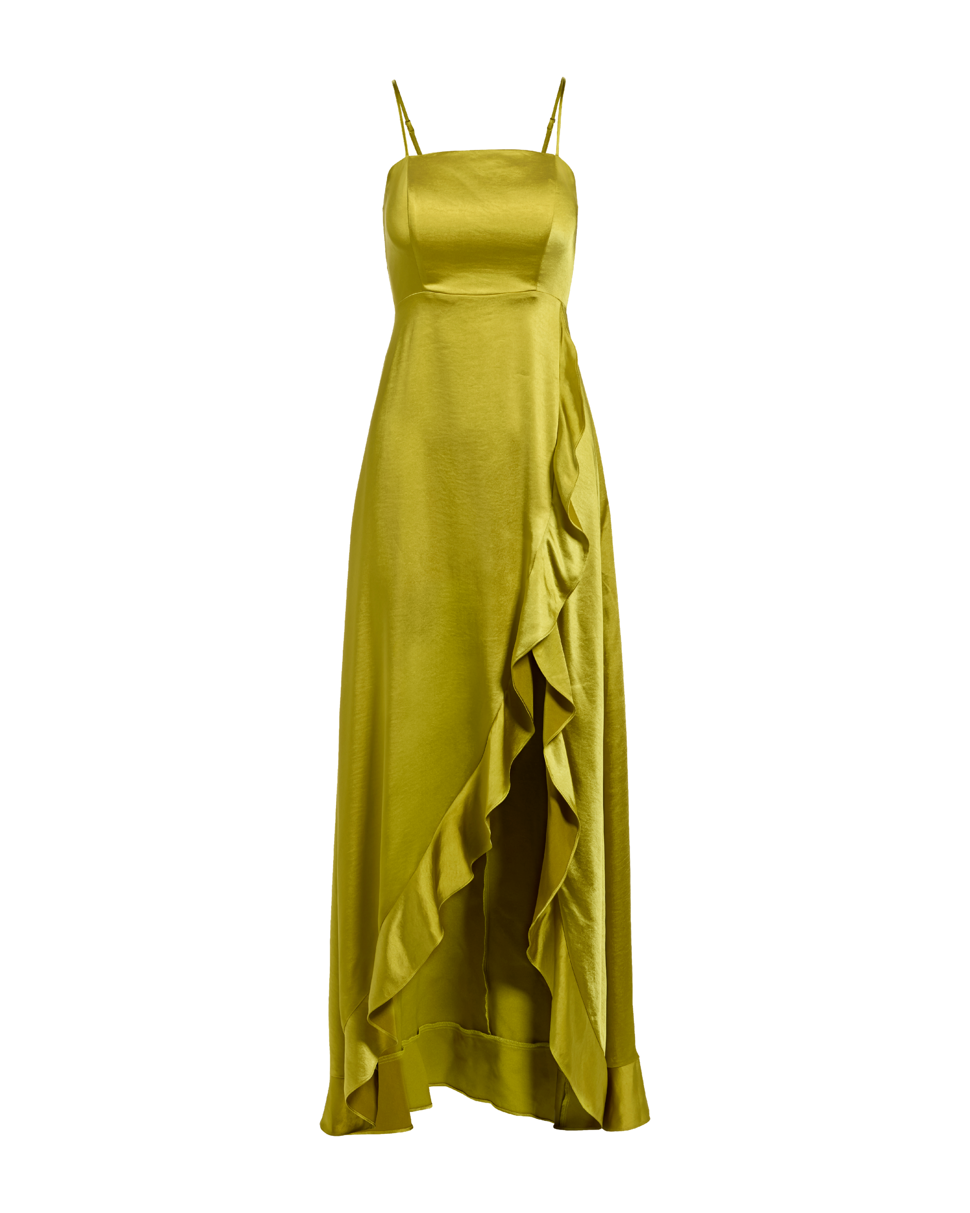 Luxe Spaghetti Straps Split Satin Ruffle Gown Prom Dresses