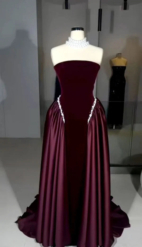 Classy A Line Strapless Sleeveless Lace Up Sweep/Brush Train Prom Dresses