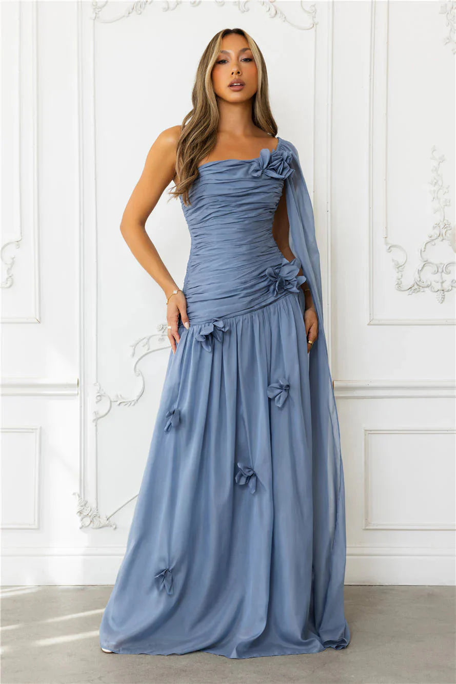 Chic Silver One Shoulder Ruched Backless Maxi Dress Slate