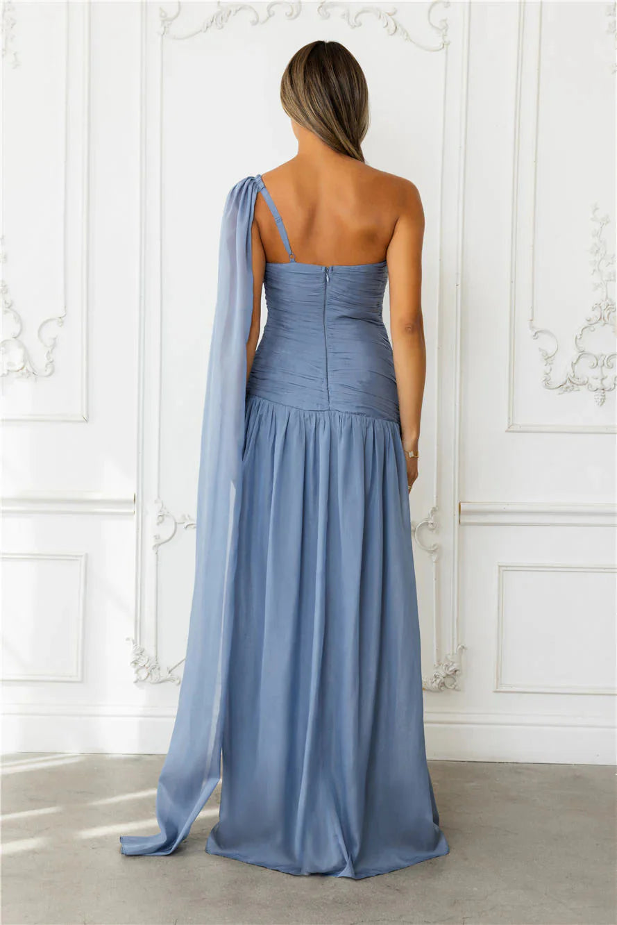 Chic Silver One Shoulder Ruched Backless Maxi Dress Slate