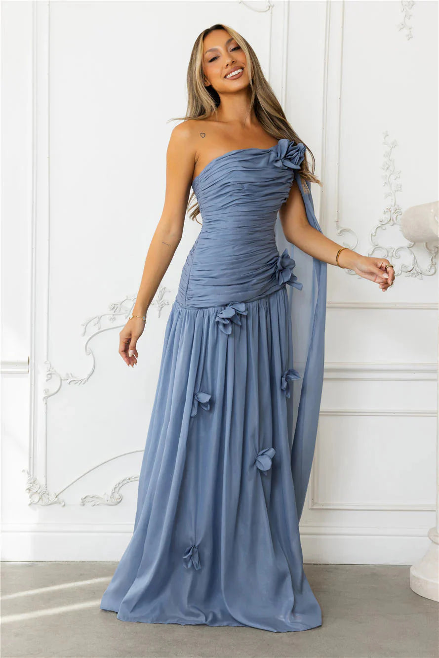 Chic Silver One Shoulder Ruched Backless Maxi Dress Slate