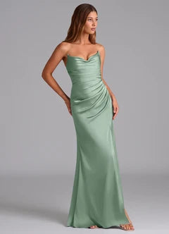 Simple Strapless Ruched Split Backless Floor-Length Prom Dresses