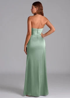 Simple Strapless Ruched Split Backless Floor-Length Prom Dresses