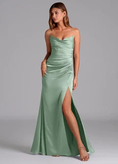 Simple Strapless Ruched Split Backless Floor-Length Prom Dresses