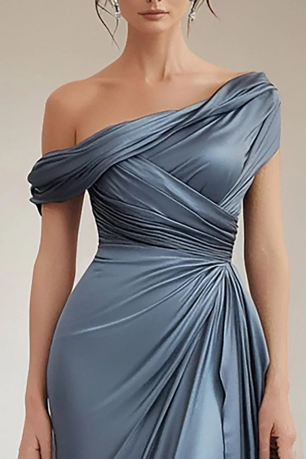 Mermaid Grey Blue One Shoulder Satin Ruched  Of  with Ruffles Prom Dresses