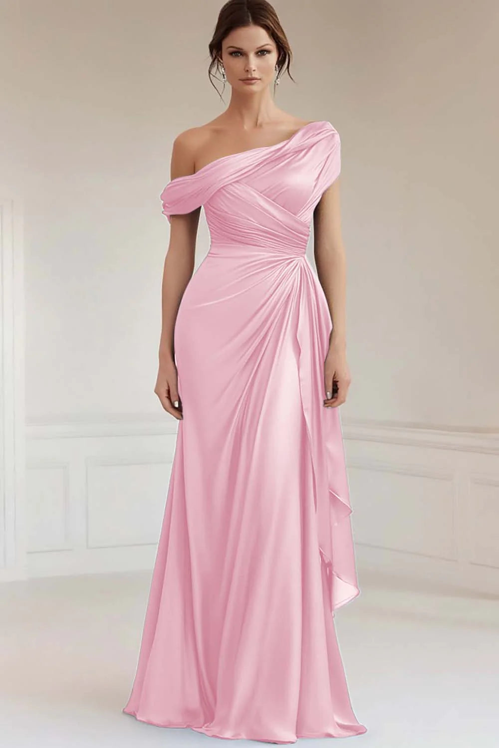 Mermaid Grey Blue One Shoulder Satin Ruched  Of  with Ruffles Prom Dresses