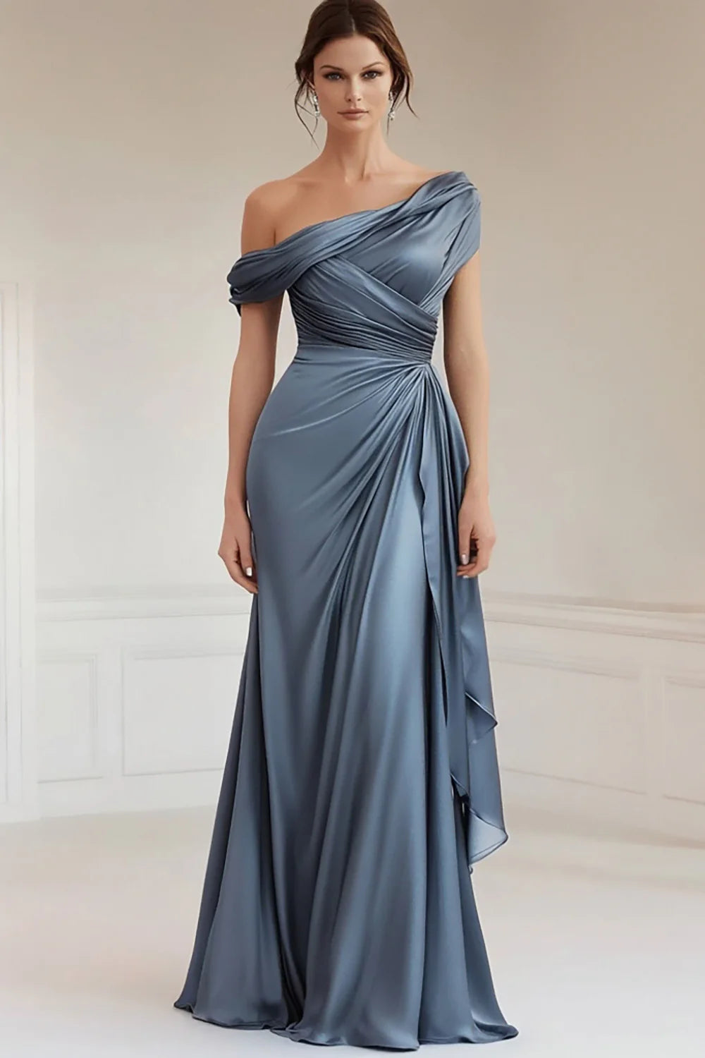 Mermaid Grey Blue One Shoulder Satin Ruched  Of  with Ruffles Prom Dresses