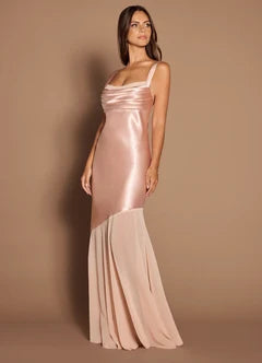 Rose Gold Spaghetti Straps Ruched Backless Prom Dresses