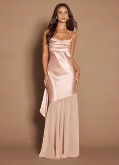 Rose Gold Spaghetti Straps Ruched Backless Prom Dresses