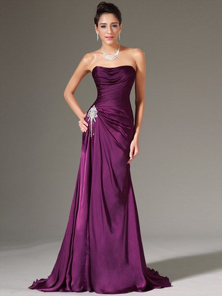 Purple Strapless Sleeveless Ruched Bodice Crystal Sheath Prom Dresses