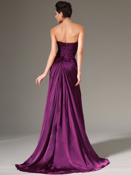 Purple Strapless Sleeveless Ruched Bodice Crystal Sheath Prom Dresses