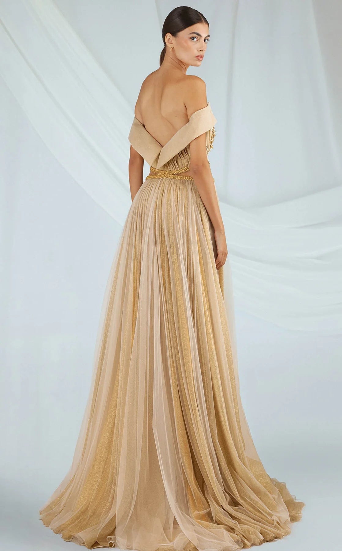 Elegant Off the Shoulder Ruched Appliques Split Prom Dresses