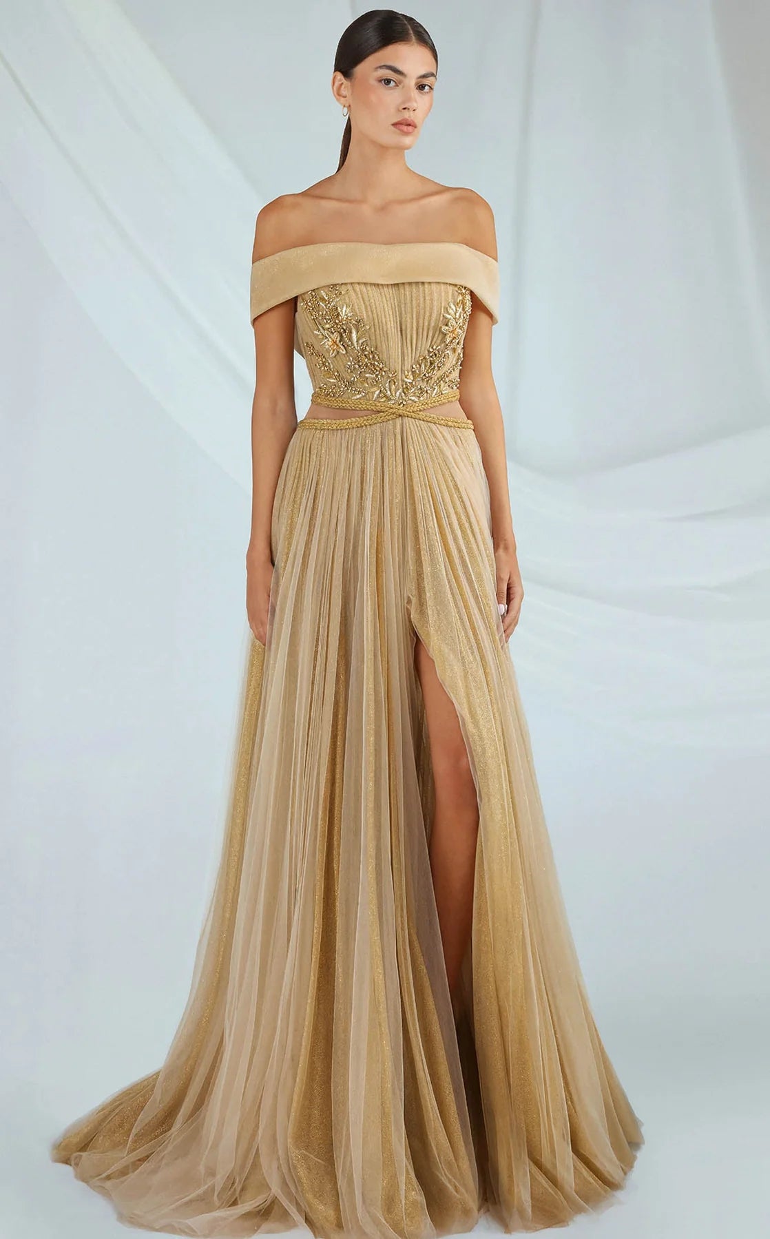 Elegant Off the Shoulder Ruched Appliques Split Prom Dresses