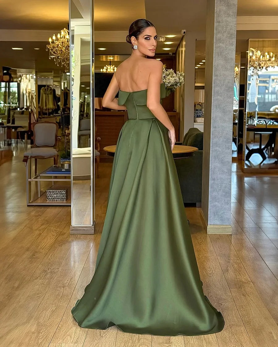 Elegant Green Satin Embroidery Strapless Sleeveless Long Prom Dress