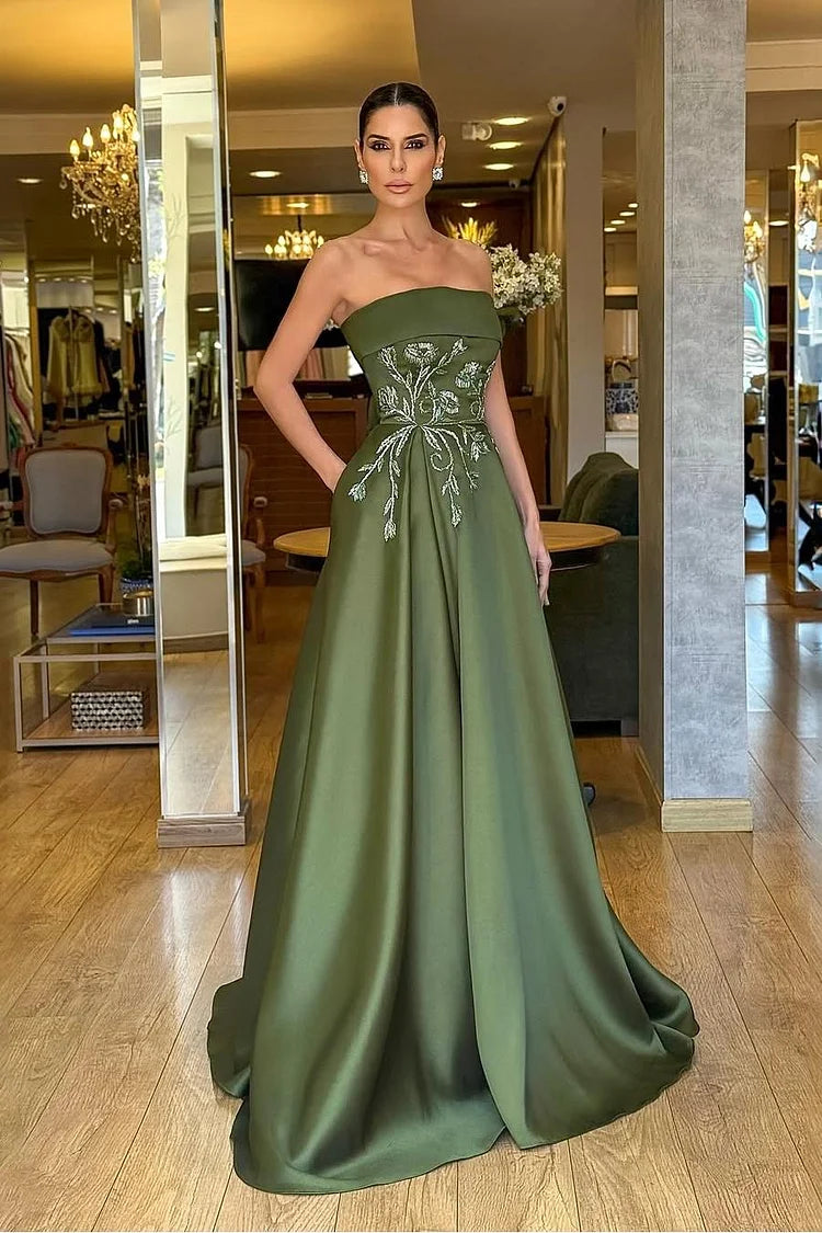 Elegant Green Satin Embroidery Strapless Sleeveless Long Prom Dress