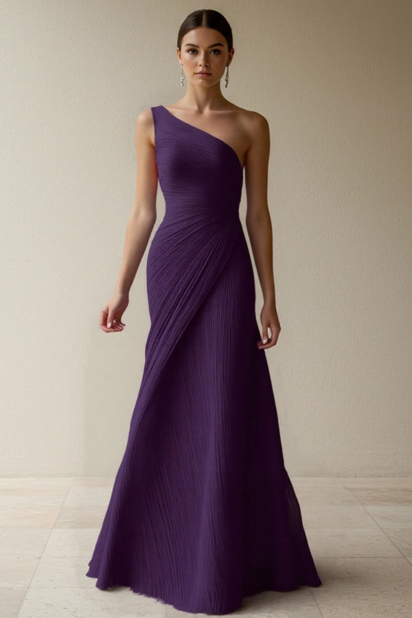 Chic Formal Party Ruched Prom Dress One Shoulder Maxi Dress