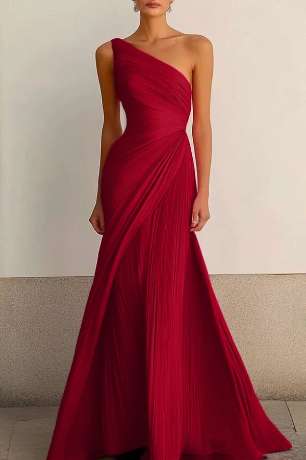 Chic Formal Party Ruched Prom Dress One Shoulder Maxi Dress
