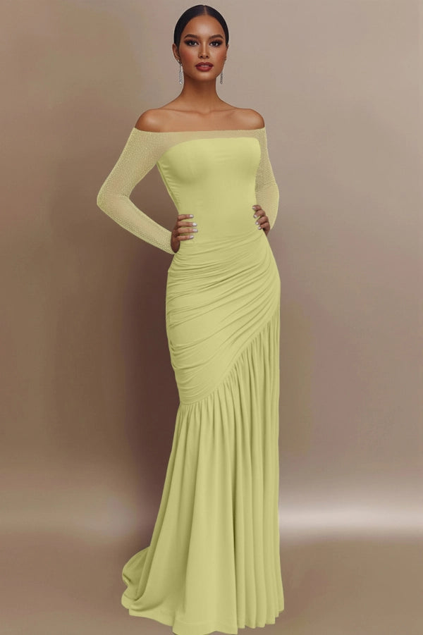 Elegant Shoulder Glitter Ruched Light Blue Evening Prom Gown