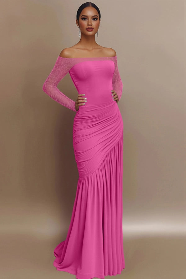 Elegant Shoulder Glitter Ruched Light Blue Evening Prom Gown