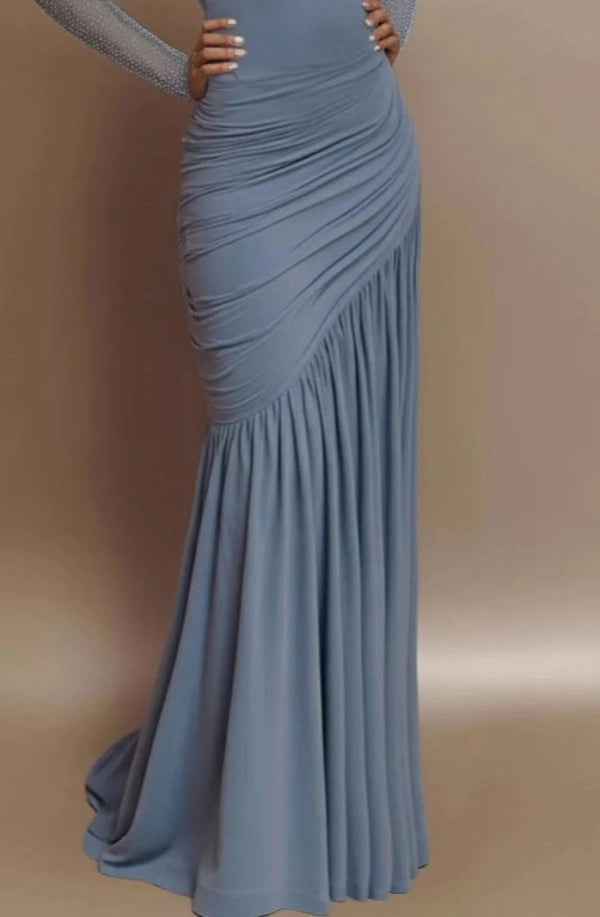 Elegant Shoulder Glitter Ruched Light Blue Evening Prom Gown