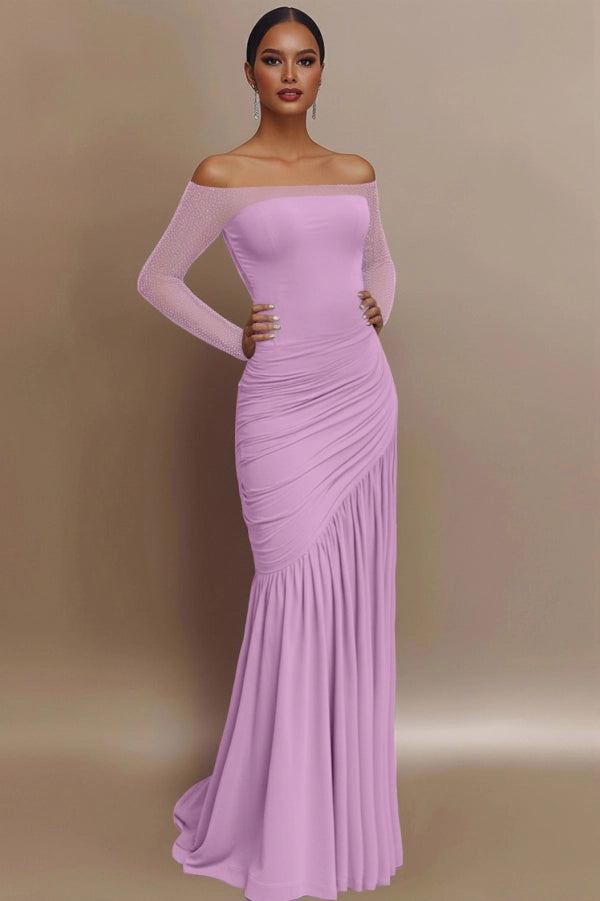 Elegant Shoulder Glitter Ruched Light Blue Evening Prom Gown