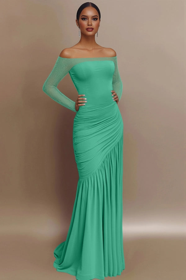 Elegant Shoulder Glitter Ruched Light Blue Evening Prom Gown