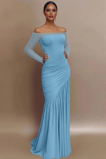 Elegant Shoulder Glitter Ruched Light Blue Evening Prom Gown
