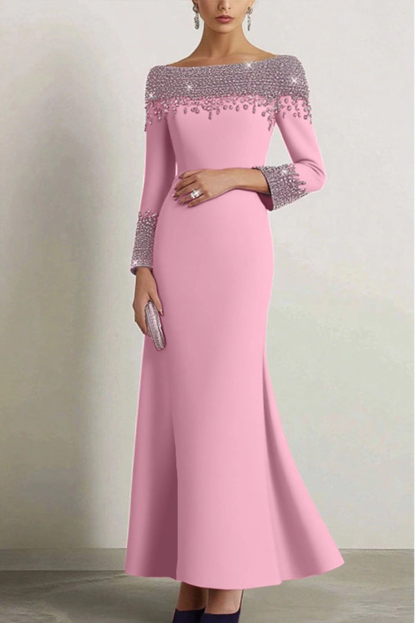 Elegant Dress Navy Boat Neck Rhinestone Prom Dresses