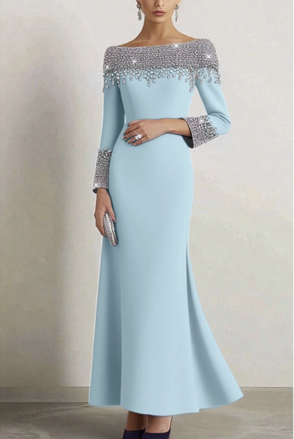 Elegant Dress Navy Boat Neck Rhinestone Prom Dresses