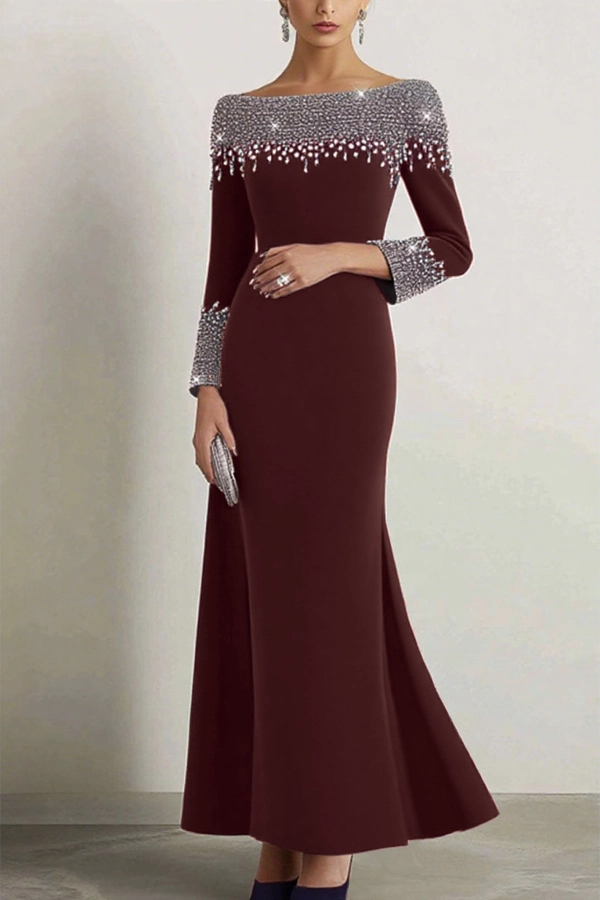 Elegant Dress Navy Boat Neck Rhinestone Prom Dresses