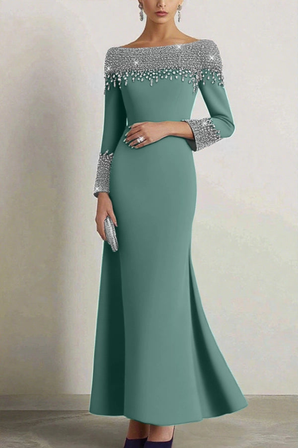 Elegant Dress Navy Boat Neck Rhinestone Prom Dresses