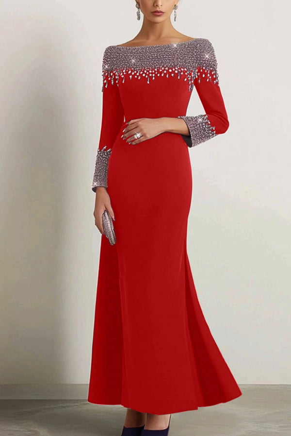 Elegant Dress Navy Boat Neck Rhinestone Prom Dresses