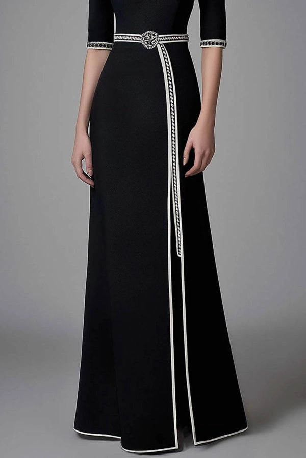 Elegant Semiformal Party Black Dress Stand Neck Slit Half-Sleeve Maxi Dress