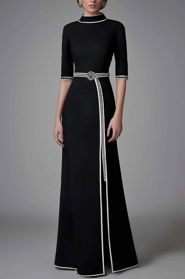 Elegant Semiformal Party Black Dress Stand Neck Slit Half-Sleeve Maxi Dress
