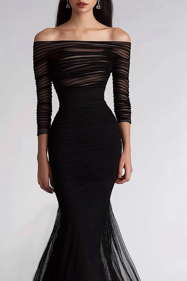 Formal Evening Dress Black Mesh Pleated Off-The-Shoulder Mermaid Dress