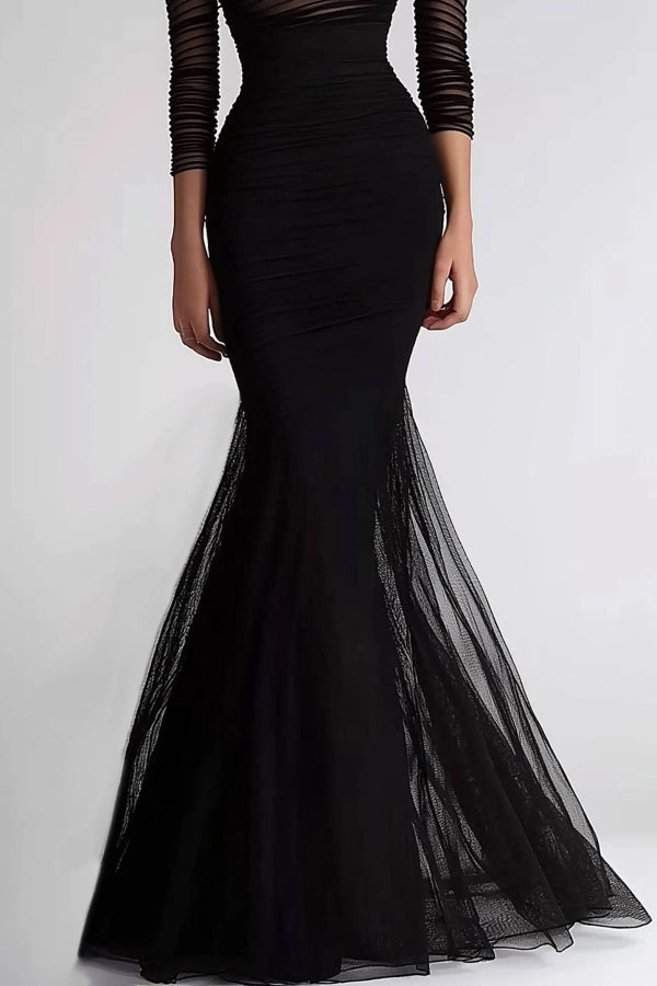 Formal Evening Dress Black Mesh Pleated Off-The-Shoulder Mermaid Dress