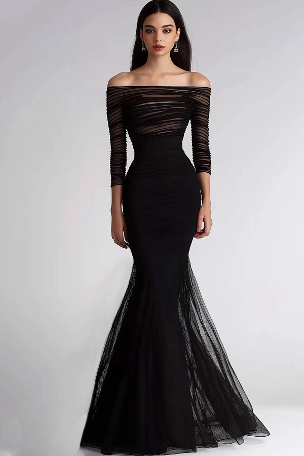 Formal Evening Dress Black Mesh Pleated Off-The-Shoulder Mermaid Dress