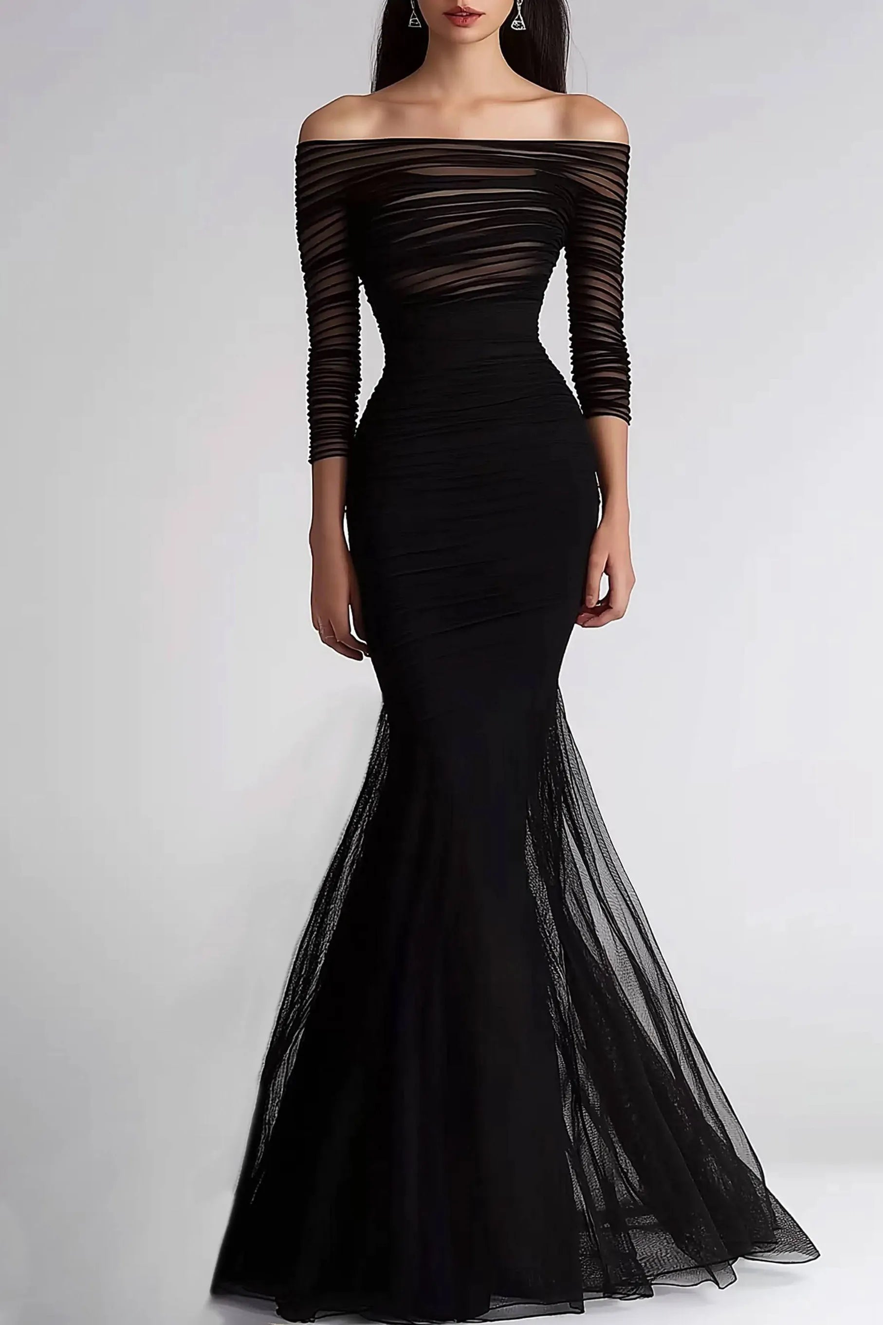 Formal Evening Dress Black Mesh Pleated Off-The-Shoulder Mermaid Dress